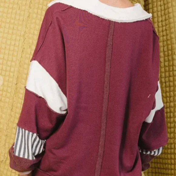 Boutique Women's S Burgundy Cream Sweatshirt Oversized Pullover Terry Cloth - Picture 2 of 9